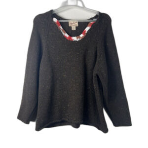 Vintage Woolrich Brown Dotted Wool Sweater Size Small Crochet Neckline